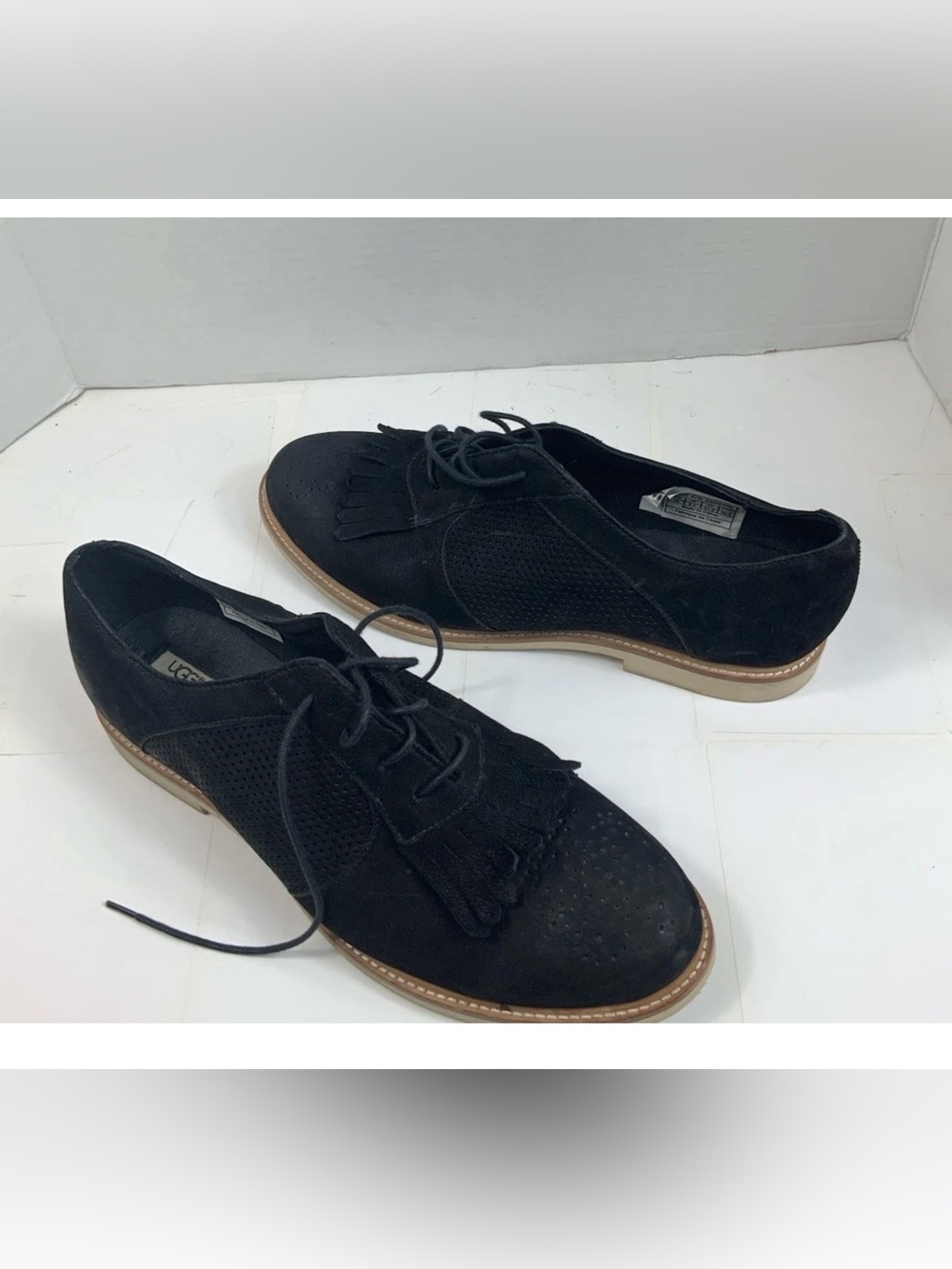 UGG Australia Black Suede Fringe Kiltie Wingtip Oxford Flat Shoes Womens 10